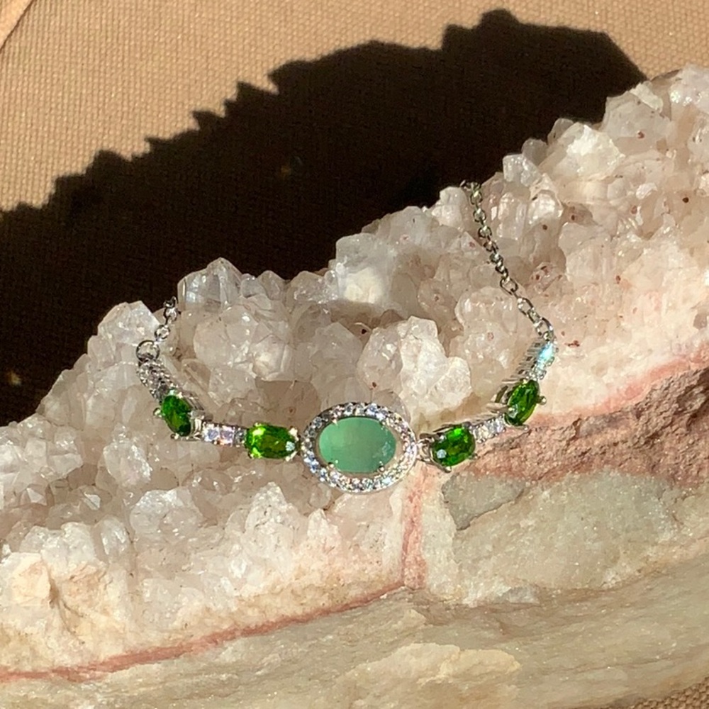 EMERALD, GREEN TOPAZ & CZ 925 STERLING SILVER BRACELET, 8 INCHES